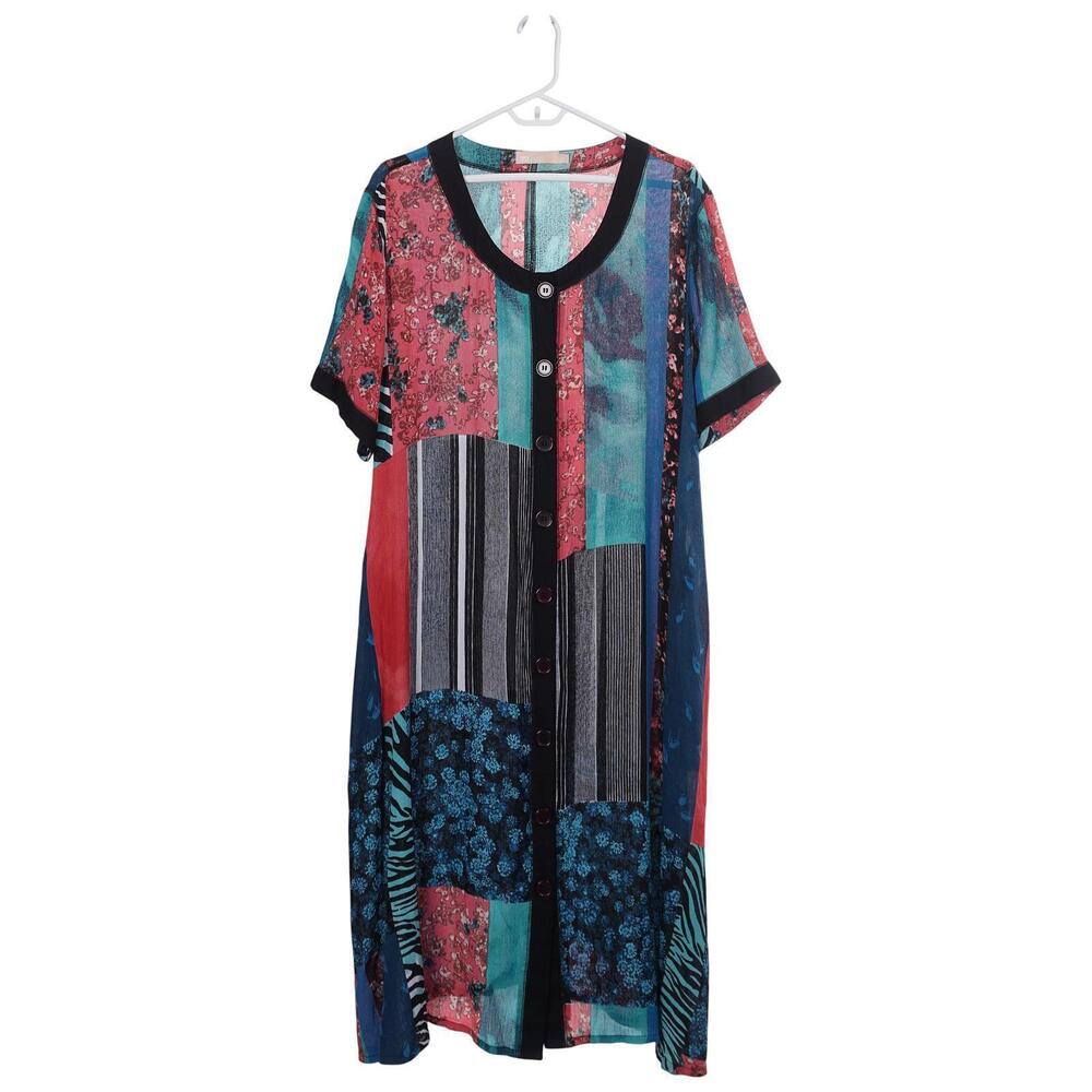 La Cera Dress XL Patchwork Print Button Front Pockets Maxi/Midi Short Sleeve
